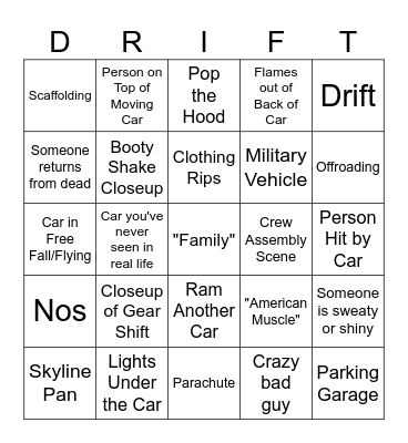 Fast and the Furious Bingo Card