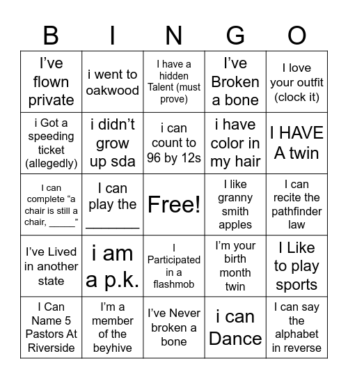 Human Bingo V2 Bingo Card