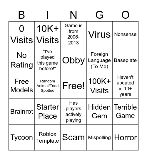 Random Roblox Games Bingo Card