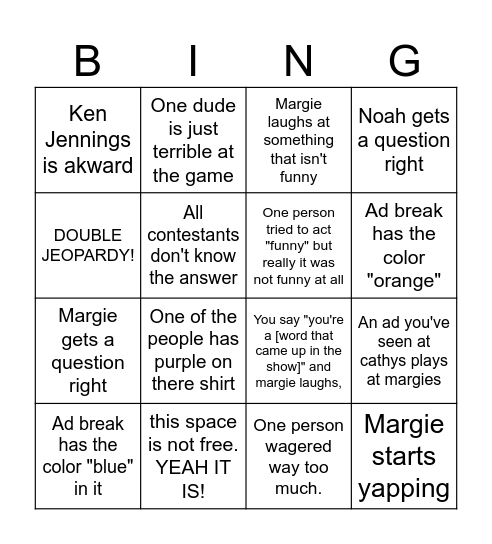 Jeopardy Bingo Card