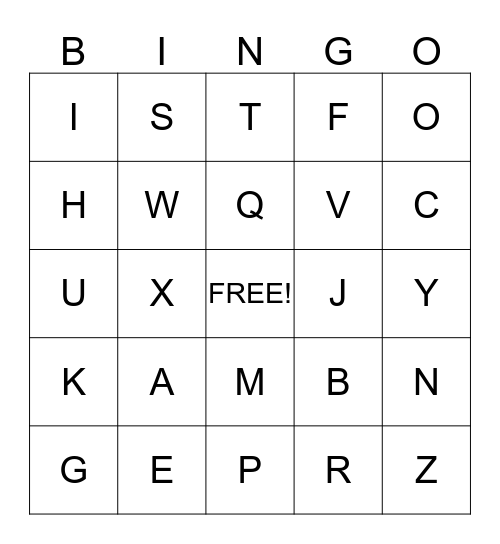 Upper Case Alphabet Bingo Card