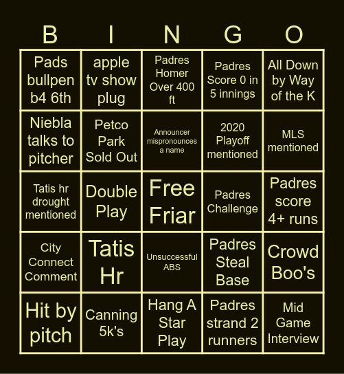 Padres Bingo Card