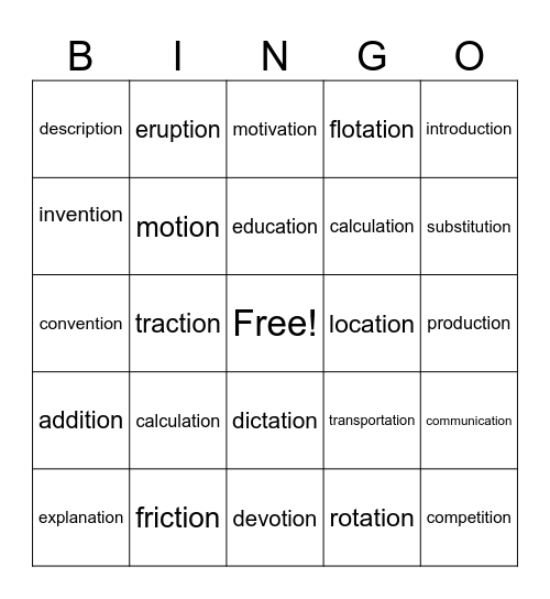 -tion Bingo Card