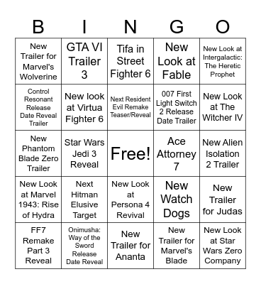 Summer Game Fest 2026 Bingo Card