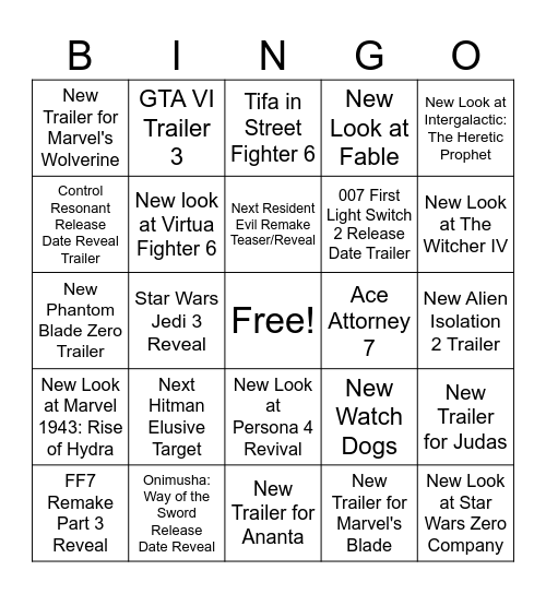 Summer Game Fest 2026 Bingo Card