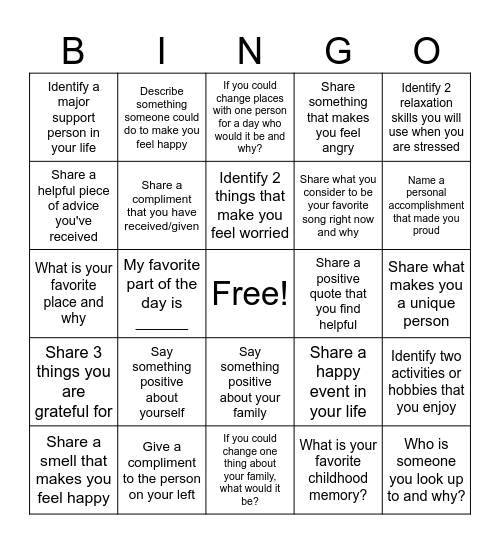 Therapy Bingo Card