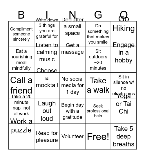STRESS BINGO: THE GAME OF CHILL Bingo Card