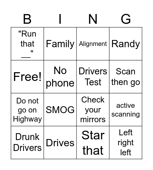 Drivers Ed Bingo Card