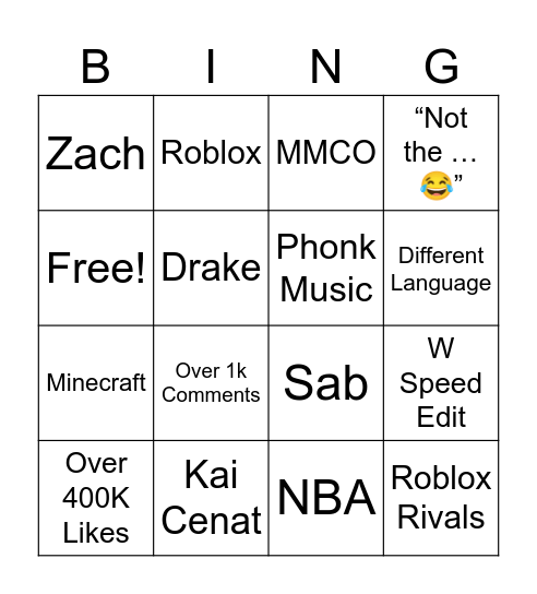 YT SHORTS Bingo Card
