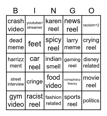 Instagram reel bingo Card