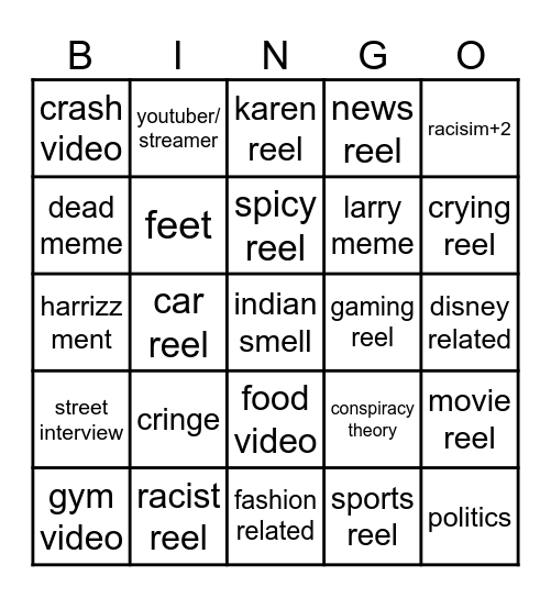 Instagram reel bingo Card