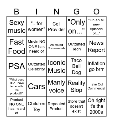 2000s Commericals Bingo Card