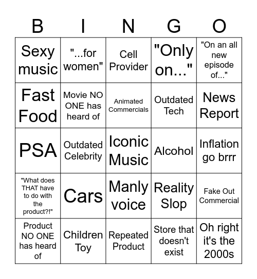 2000s Commericals Bingo Card