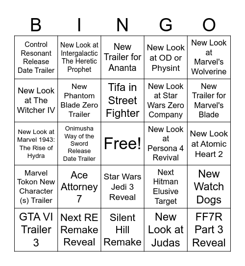 Summer Game Fest 2026 Bingo Card