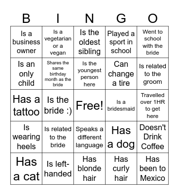 Bridal Shower Bingo! Bingo Card