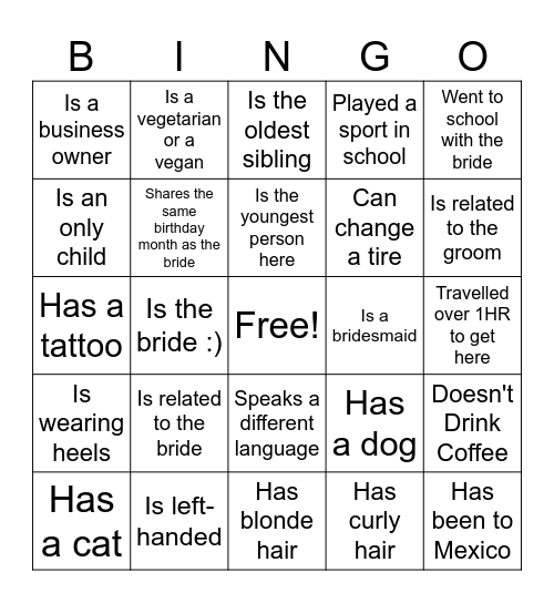 Bridal Shower Bingo! Bingo Card