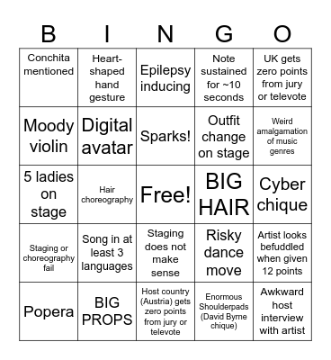 Eurovision 2026 Bingo Card
