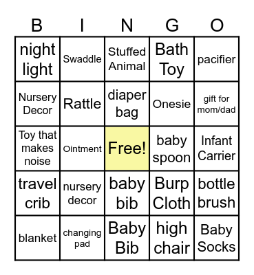 Baby Shower Bingo Card