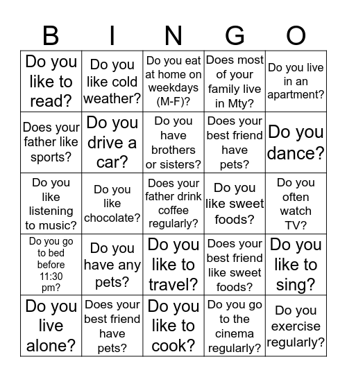 Present Simple Bingo Card