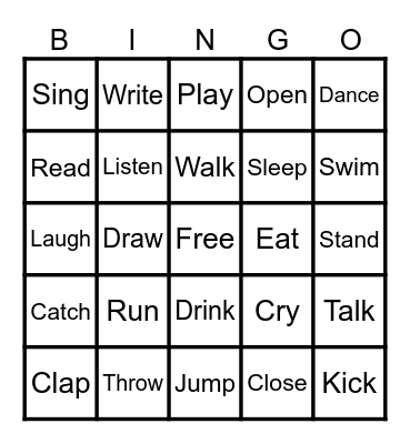 Action Words Bingo Card