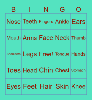 Body Parts Bingo Card