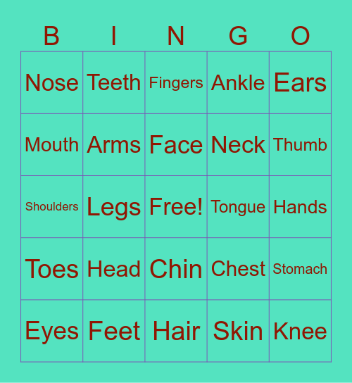 Body Parts Bingo Card