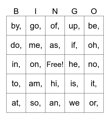 English 2 letter words Bingo Card