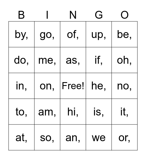 English 2 letter words Bingo Card