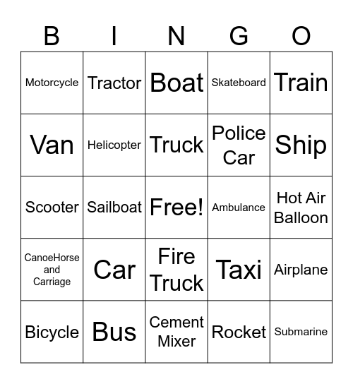 Transport Bingo Card