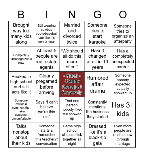 HS Reunion Judgmental Bingo Edition Bingo Card