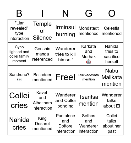 New Sumeru Archon Quest Bingo Card