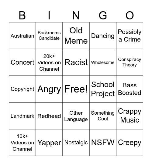 YouTube Recycle Bin Bingo Card