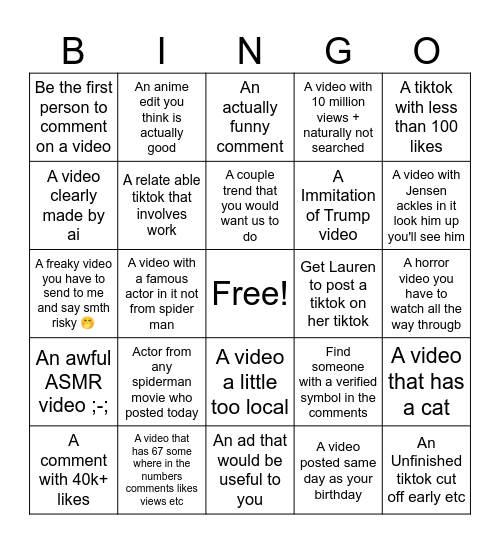 Tiktok Bingo #1 Bingo Card