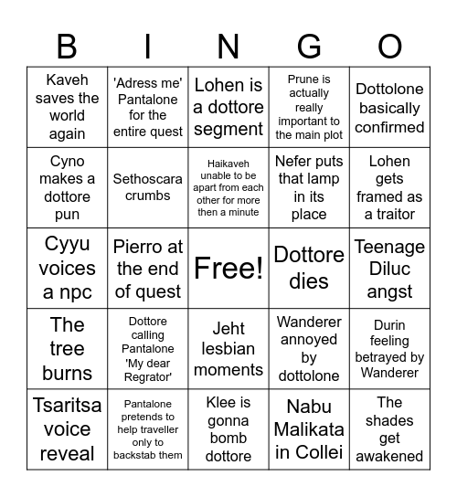 Genshin Luna version VII bingo card Bingo Card