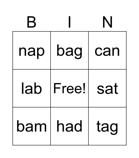 Short A Word Families Bingo Card