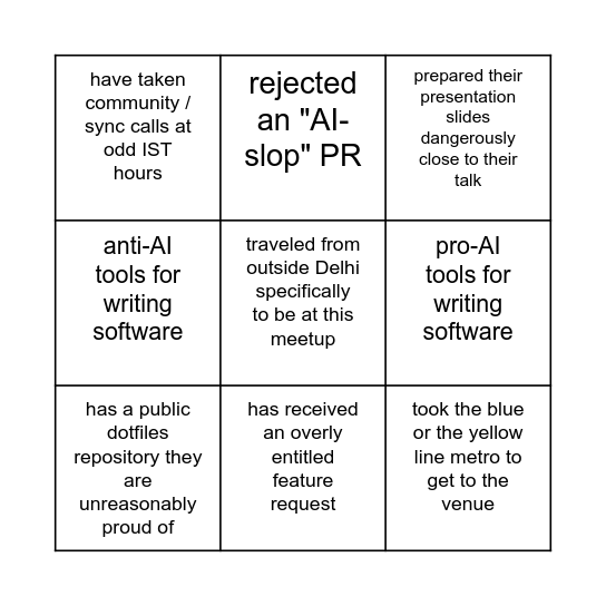 Find A Maintainer Bingo Card