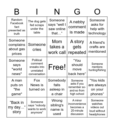 Family Time Bingo Card