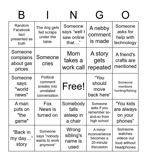Family Time Bingo Card