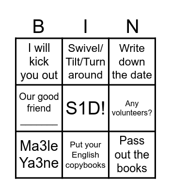 English Bingo Card