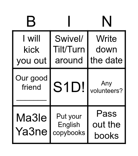 English Bingo Card