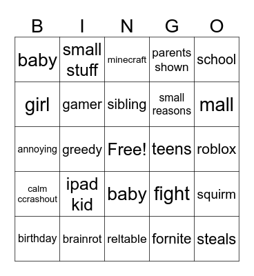 CHILD CRASHOUT 1 Bingo Card