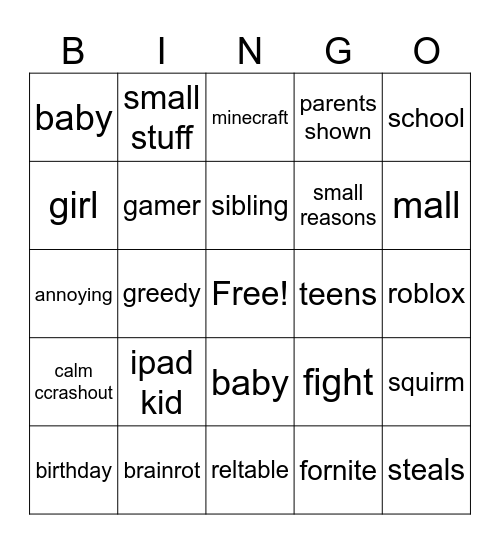 CHILD CRASHOUT 1 Bingo Card