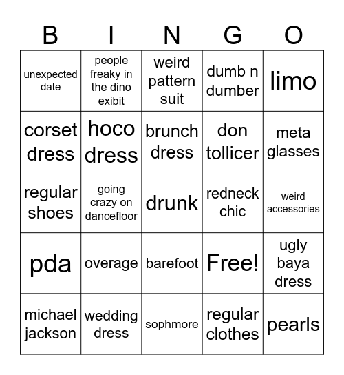 Prom Bingo Card