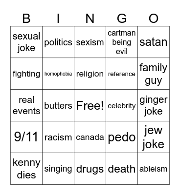 southaprk Bingo Card