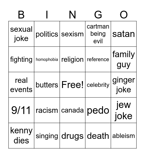 southaprk Bingo Card