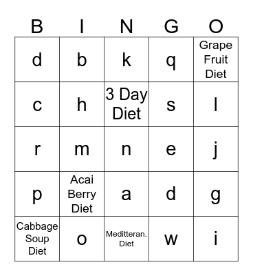 FAD Diet BINGO Card