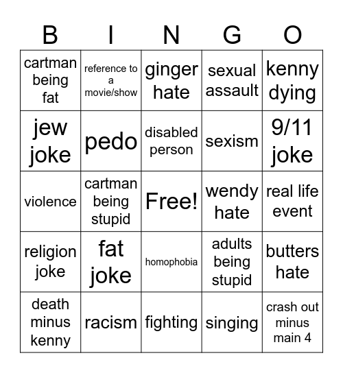 south park bingo Card