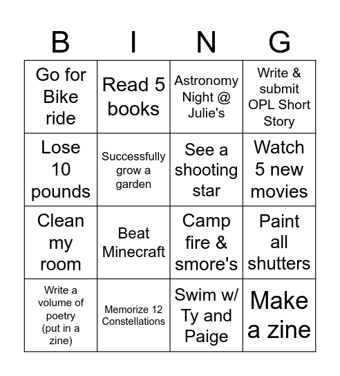 Summer Bingo Card
