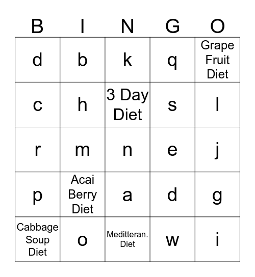 FAD Diet BINGO Card