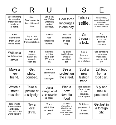 Family Cruise Bingo Card